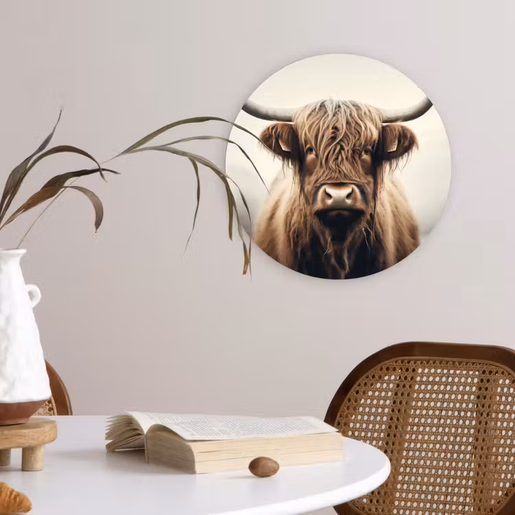 Schotse hooglander - Hoorns - Landschap Wandcirkel kunststof plaat 5mm dik klein -sfeer4