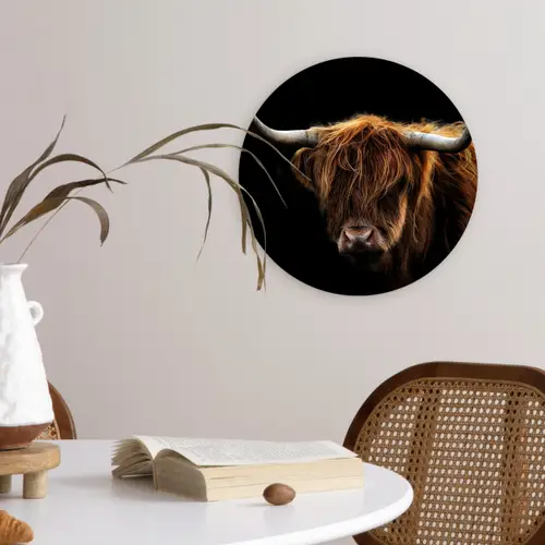 Schotse Hooglander - Horens - Zwart - Dieren - Natuur - Wild - Koe Wandcirkel kunststof plaat 5mm dik klein -sfeer4