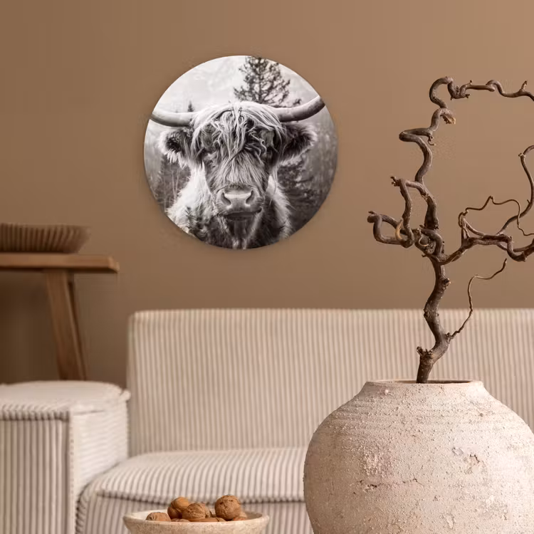 Schotse hooglander - Koe - Dieren - Zwart - Wit Wandcirkel kunststof plaat 5mm dik klein -sfeer1
