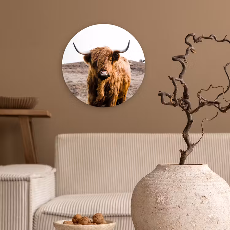 Schotse hooglander - Landschap - Koe - Bruin - Dieren - Natuur Wandcirkel kunststof plaat 5mm dik klein -sfeer1