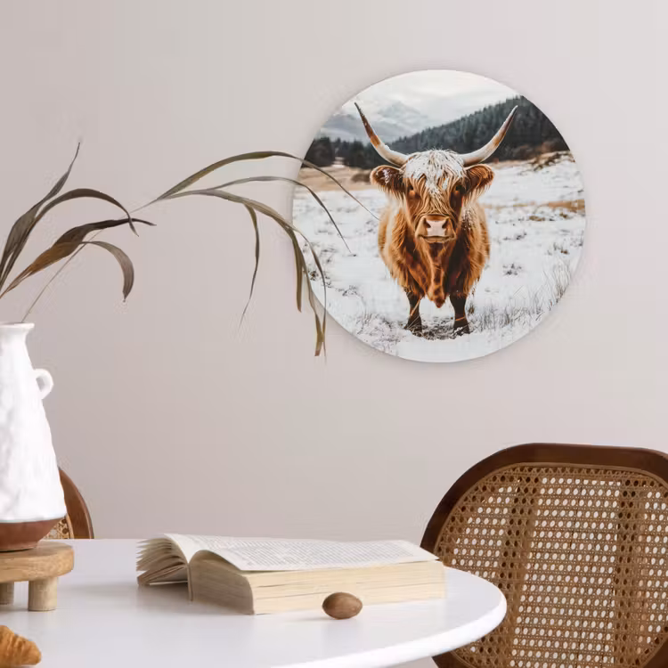 Schotse Hooglander - Landschap - Sneeuw - Bergen - Winter Wandcirkel kunststof plaat 5mm dik klein -sfeer4