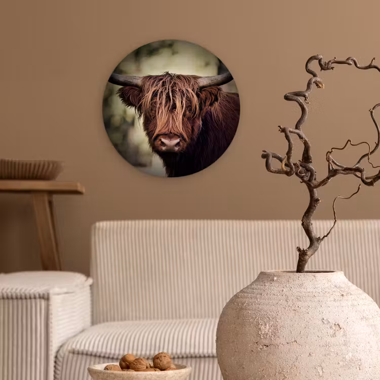 Schotse hooglander - Licht - Portret - Natuur Wandcirkel kunststof plaat 5mm dik klein -sfeer1