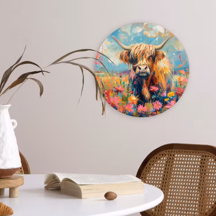 Schotse hooglander - Natuur - Kleurrijk - Bloemen Wandcirkel kunststof plaat 5mm dik klein -sfeer4