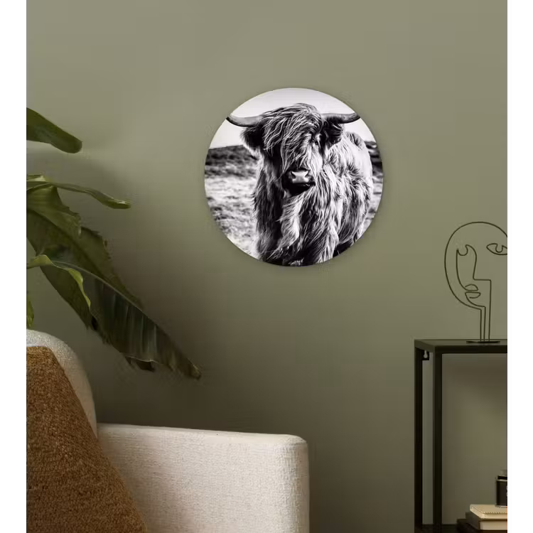 Schotse hooglander - Natuur - Koe - Zwart - Wit Wandcirkel kunststof plaat 5mm dik klein -sfeer3