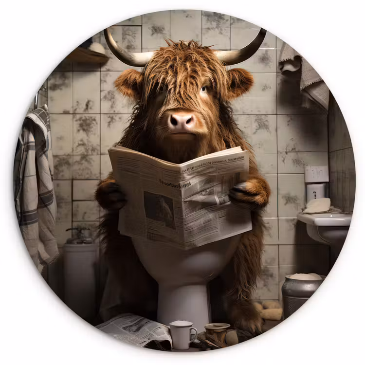 Schotse hooglander - Toilet - Krant - Badkamer Wandcirkel kunststof plaat 5mm dik klein -3d