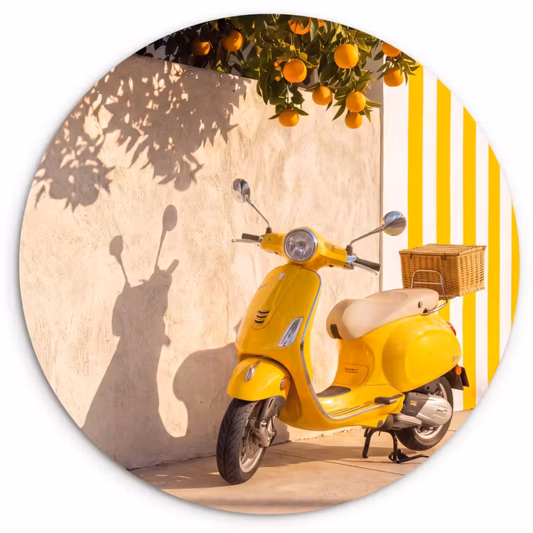 Scooter - Natuur - Zomer - Geel - Mediterraan Wandcirkel kunststof plaat 5mm dik klein -3d