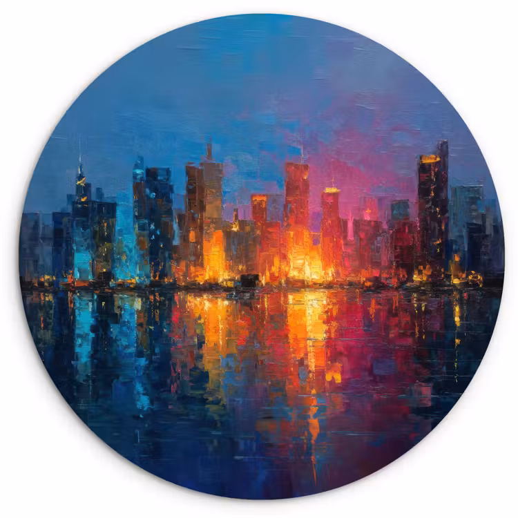 Skyline - Penseelstreken - Donkerblauw - Lichtgevend Wandcirkel kunststof plaat 5mm dik klein -3d