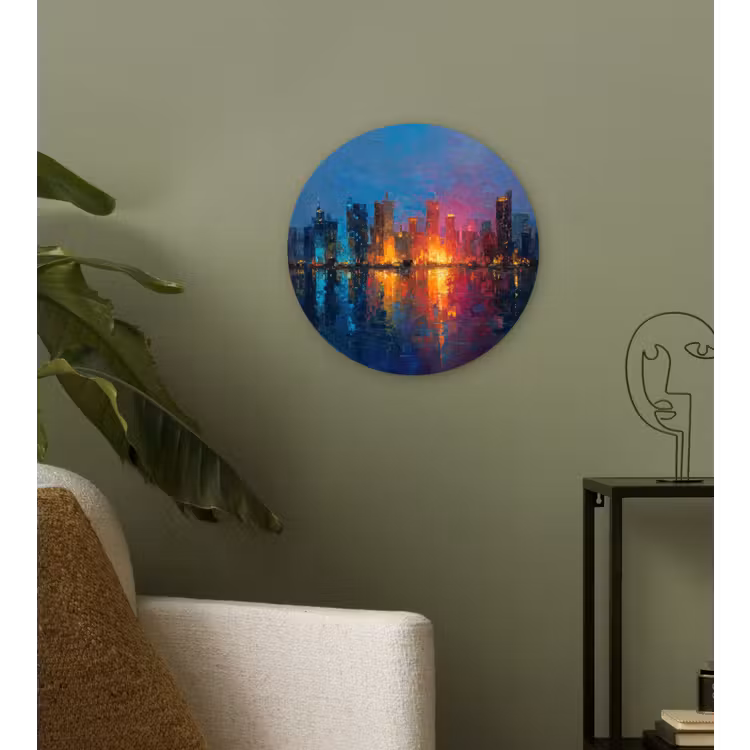 Skyline - Penseelstreken - Donkerblauw - Lichtgevend Wandcirkel kunststof plaat 5mm dik klein -sfeer3