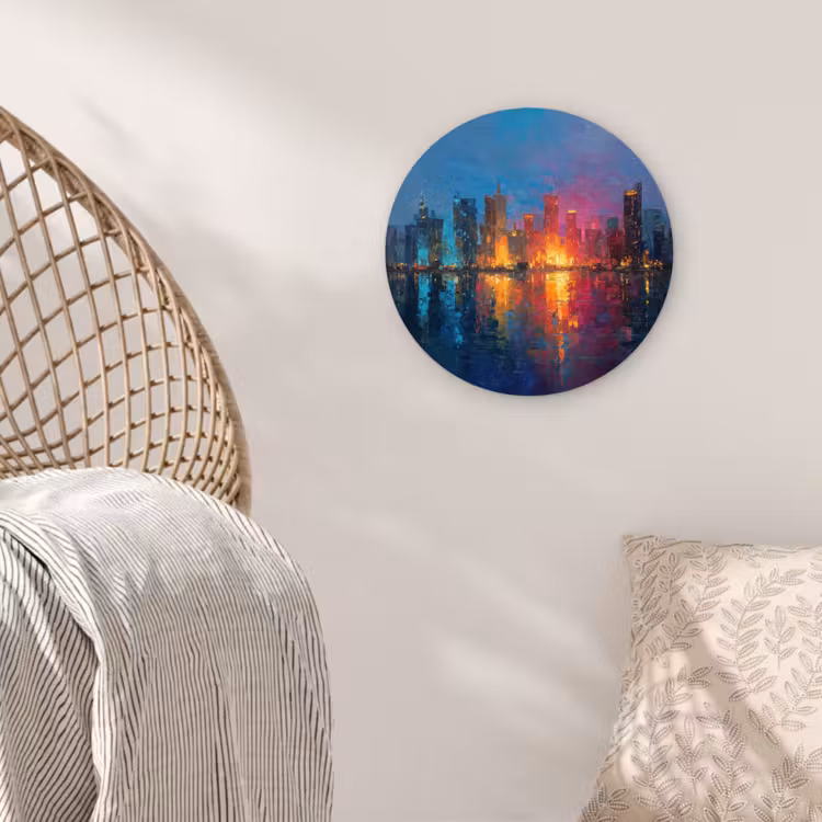 Skyline - Penseelstreken - Donkerblauw - Lichtgevend Wandcirkel kunststof plaat 5mm dik klein -sfeer5