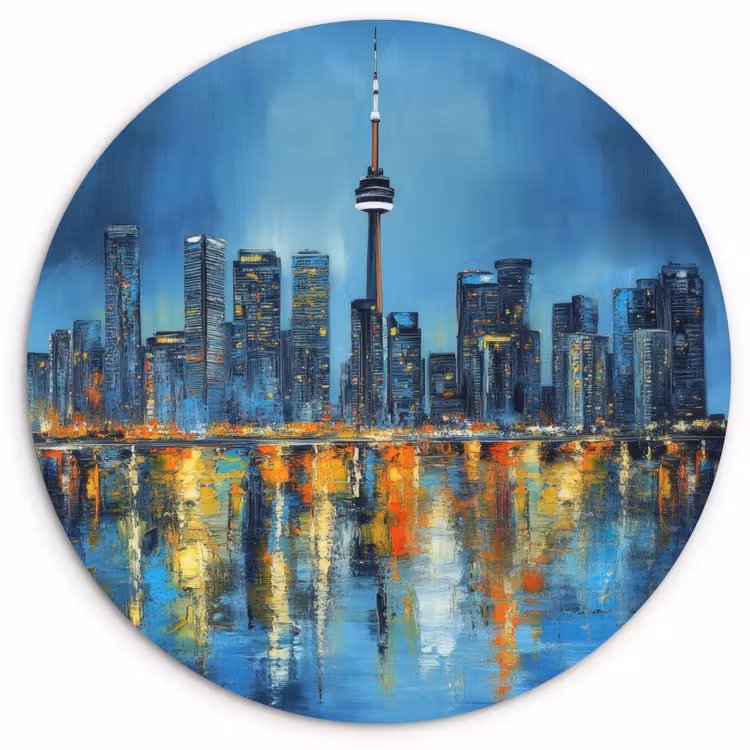 Skyline Toronto - Water - Stadslichten - Toren Wandcirkel kunststof plaat 5mm dik klein -3d
