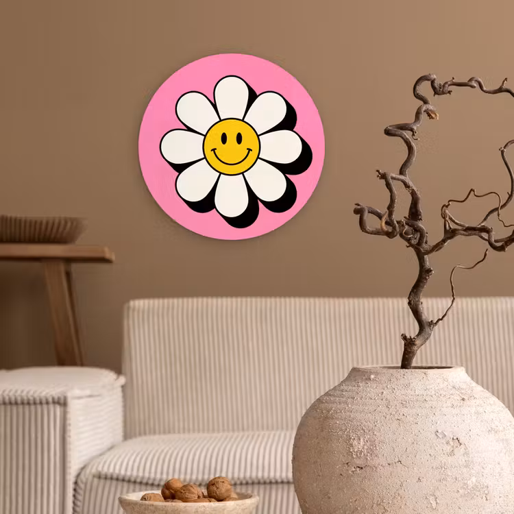Smiley - Bloem - Roze Wandcirkel kunststof plaat 5mm dik klein -sfeer1