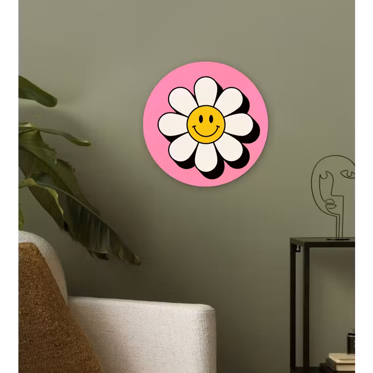 Smiley - Bloem - Roze Wandcirkel kunststof plaat 5mm dik klein -sfeer3
