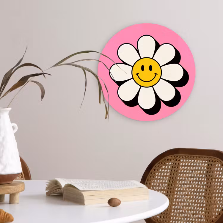 Smiley - Bloem - Roze Wandcirkel kunststof plaat 5mm dik klein -sfeer4