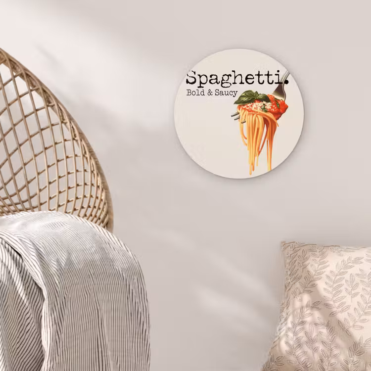 Spaghetti - tomatensaus - Parmezaanse kaas Wandcirkel kunststof plaat 5mm dik klein -sfeer5