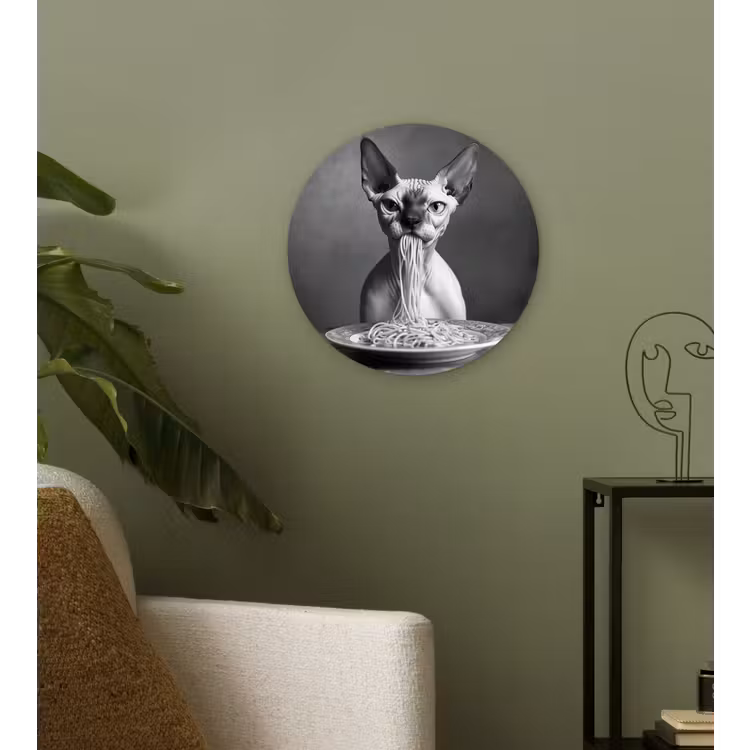 Sphynx - Kat - Dieren - Humor - Spaghetti - Zwart Wit Wandcirkel kunststof plaat 5mm dik klein -sfeer3
