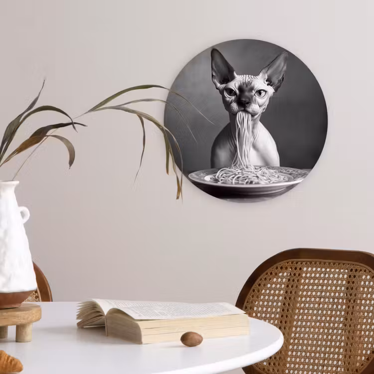Sphynx - Kat - Dieren - Humor - Spaghetti - Zwart Wit Wandcirkel kunststof plaat 5mm dik klein -sfeer4