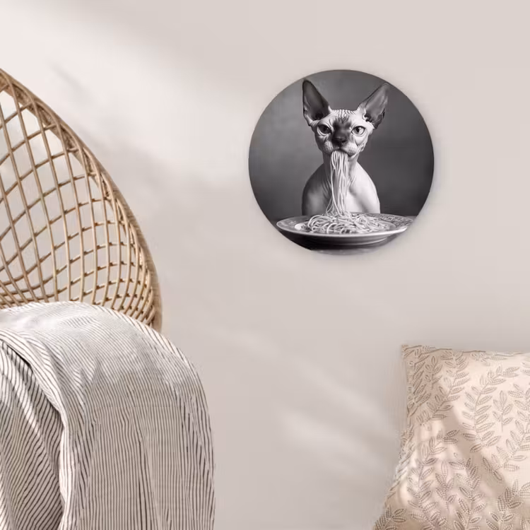 Sphynx - Kat - Dieren - Humor - Spaghetti - Zwart Wit Wandcirkel kunststof plaat 5mm dik klein -sfeer5