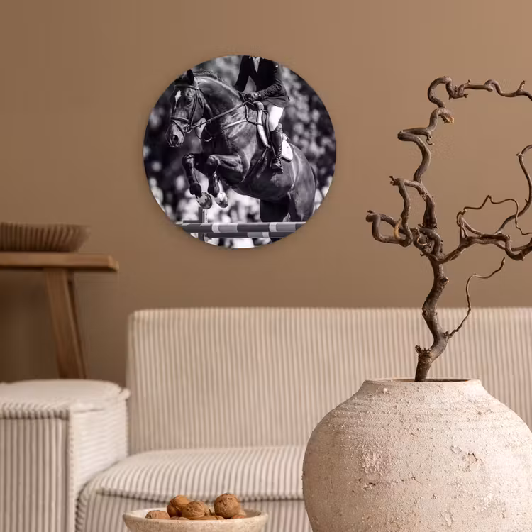 Springen - Paard - Zwart - Wit Wandcirkel kunststof plaat 5mm dik klein -sfeer1
