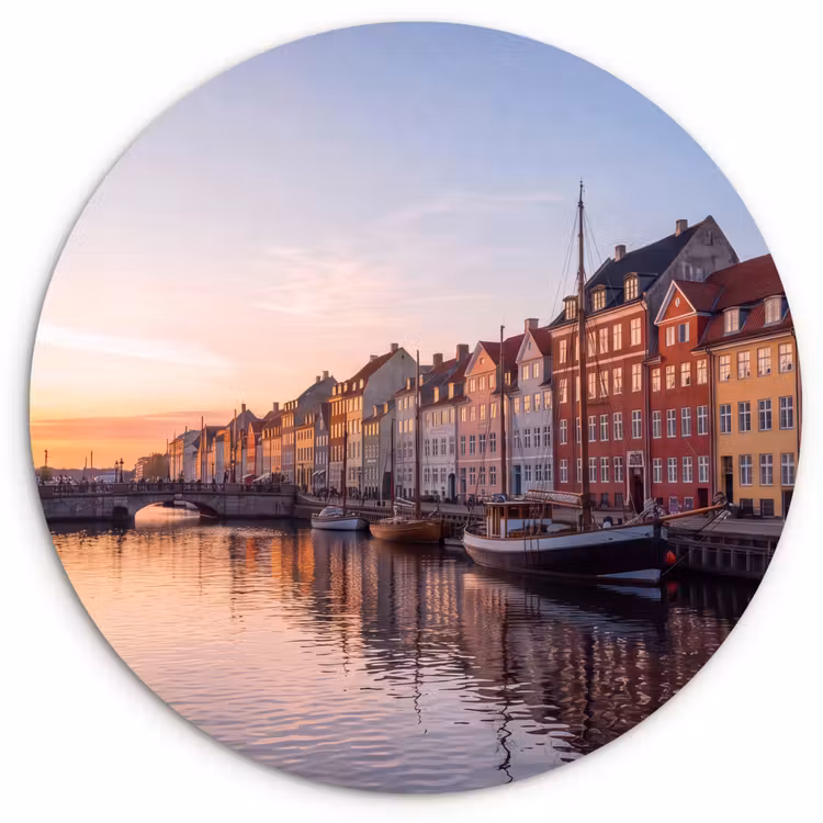 Stad - Gracht - Zonsondergang - Klassiek - Kleurrijk Wandcirkel kunststof plaat 5mm dik klein -3d