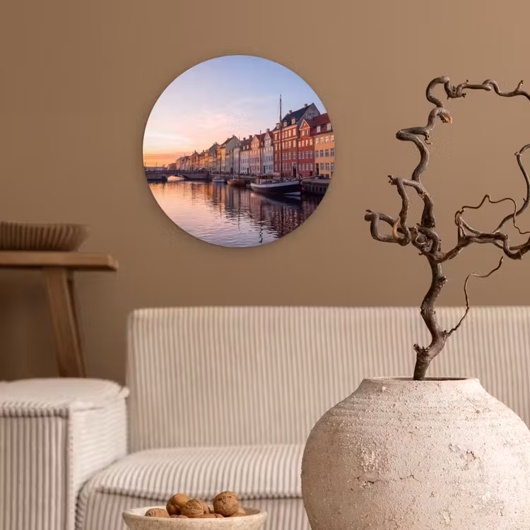 Stad - Gracht - Zonsondergang - Klassiek - Kleurrijk Wandcirkel kunststof plaat 5mm dik klein -sfeer1