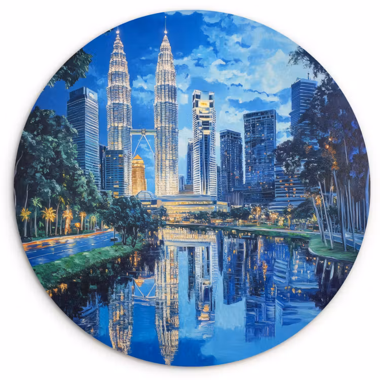 Stad Kuala Lumpur - Skyline - Wolkenkrabbers - Water Wandcirkel kunststof plaat 5mm dik klein -3d