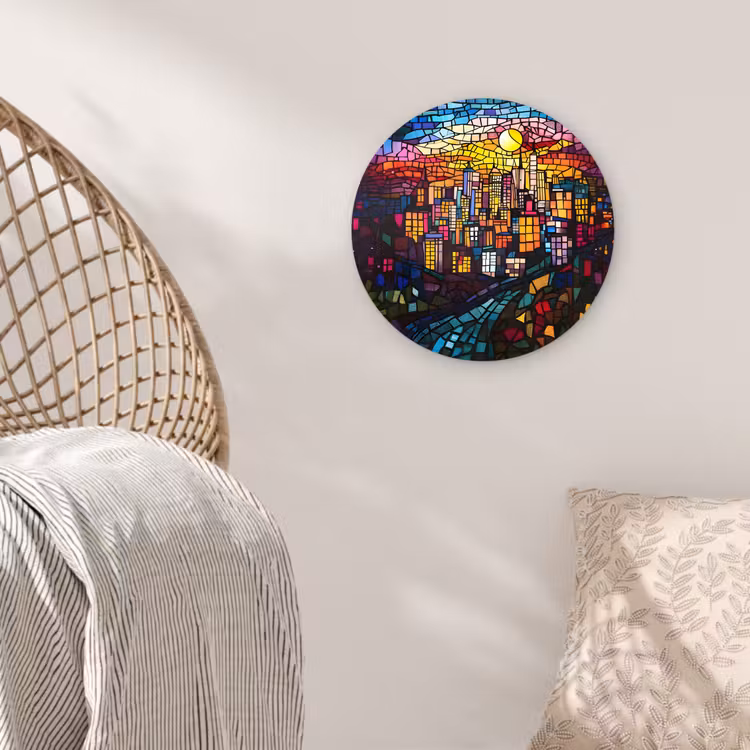 Stad - Maan - Mozaïek - Kleurrijk Wandcirkel kunststof plaat 5mm dik klein -sfeer5