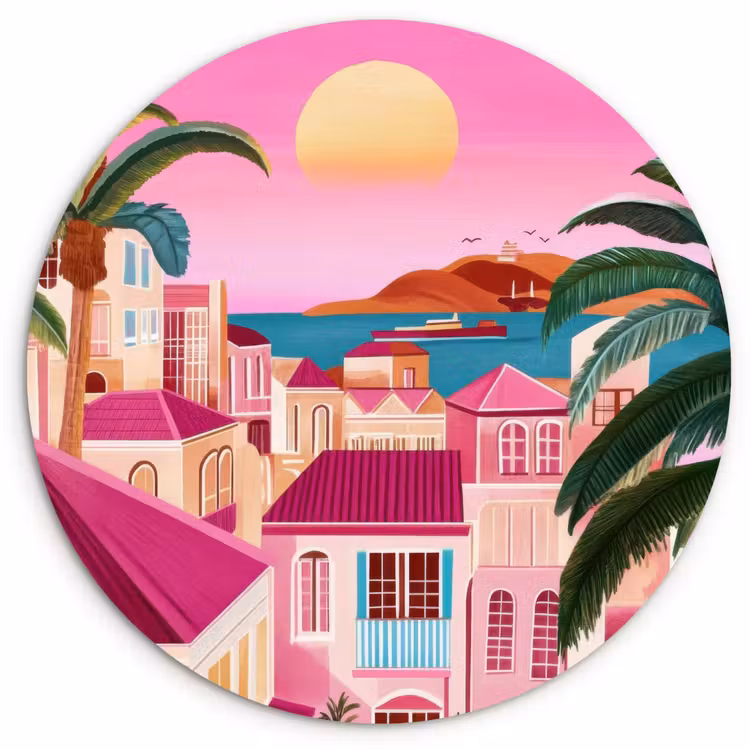 Stad - Roze - Palmbomen Wandcirkel kunststof plaat 5mm dik klein -3d
