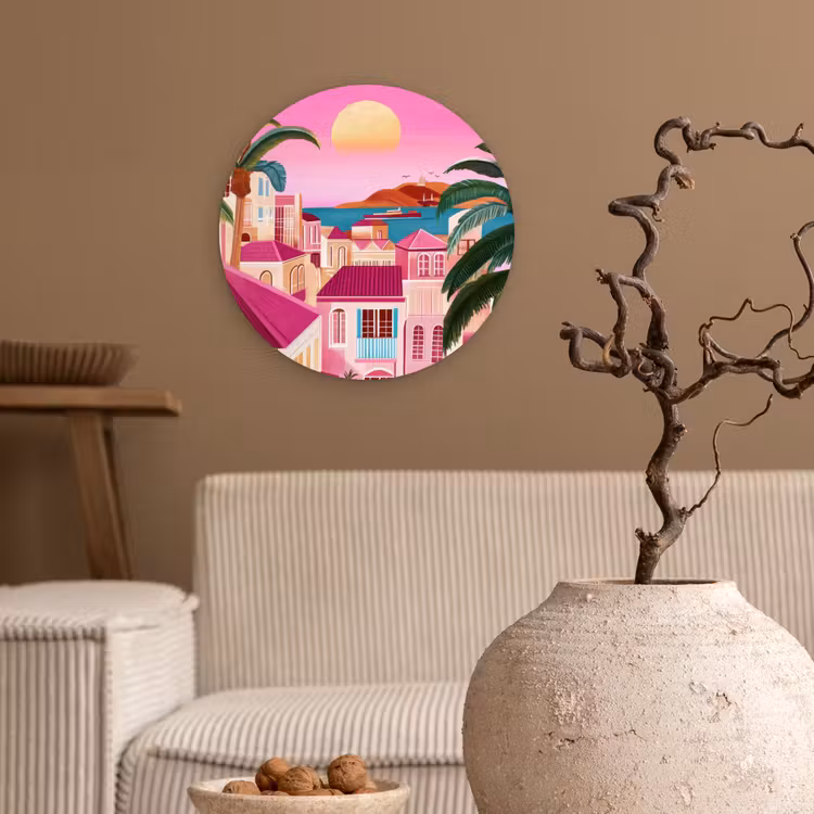 Stad - Roze - Palmbomen Wandcirkel kunststof plaat 5mm dik klein -sfeer1
