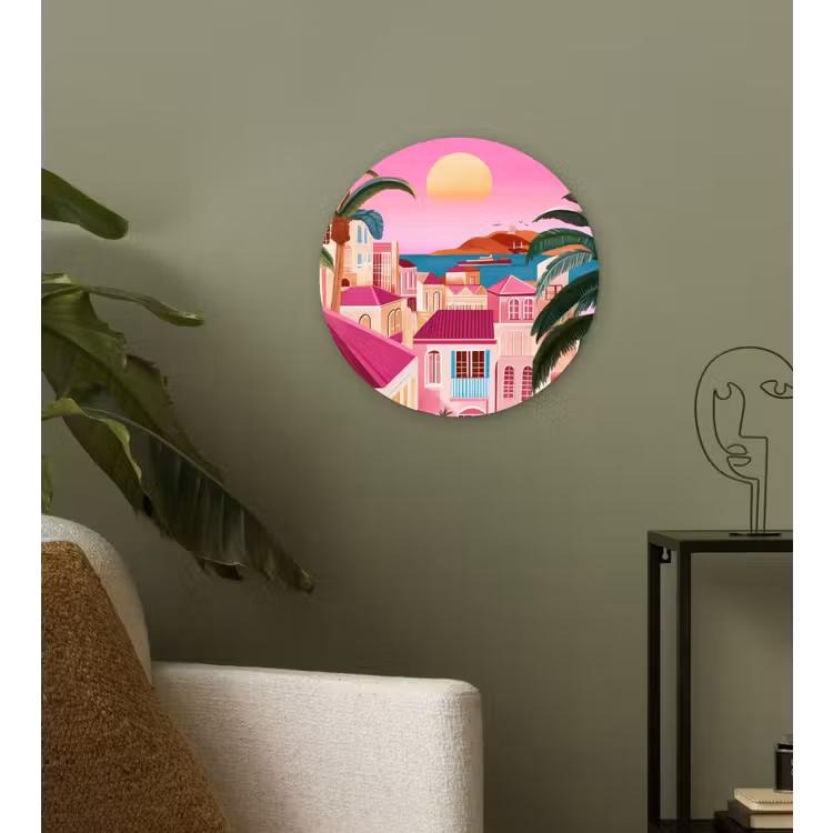 Stad - Roze - Palmbomen Wandcirkel kunststof plaat 5mm dik klein -sfeer3