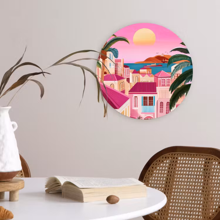 Stad - Roze - Palmbomen Wandcirkel kunststof plaat 5mm dik klein -sfeer4