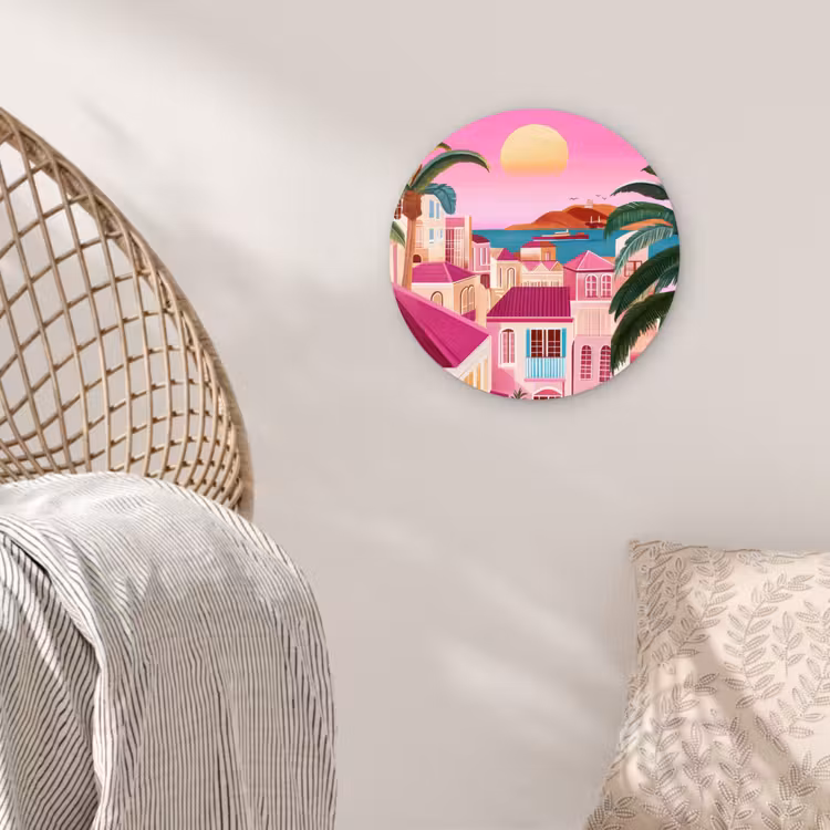 Stad - Roze - Palmbomen Wandcirkel kunststof plaat 5mm dik klein -sfeer5