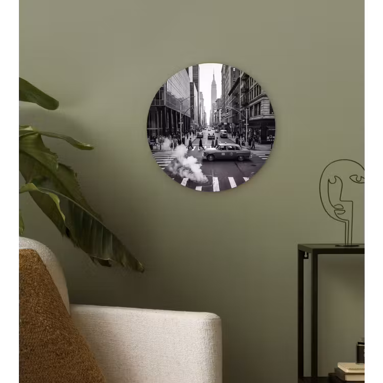 Stad - Straat - Gebouwen - Verkeer - Zwart-wit Wandcirkel kunststof plaat 5mm dik klein -sfeer3