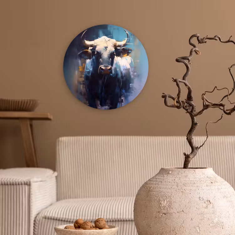 Stier - Zwart - Abstract - Horens Wandcirkel kunststof plaat 5mm dik klein -sfeer1
