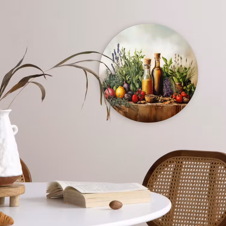 Stilleven - Kruiden - Specerijen - Fruit - Kleurrijk Wandcirkel kunststof plaat 5mm dik klein -sfeer4