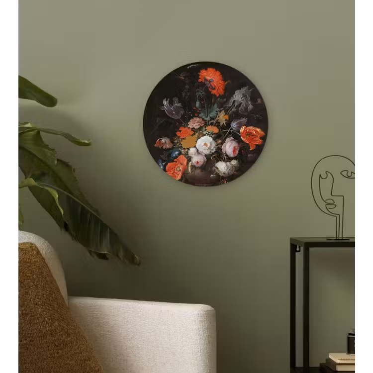 Stilleven met bloemen en een horloge - Schilderij van Abraham Mignon Wandcirkel kunststof plaat 5mm dik klein -sfeer3