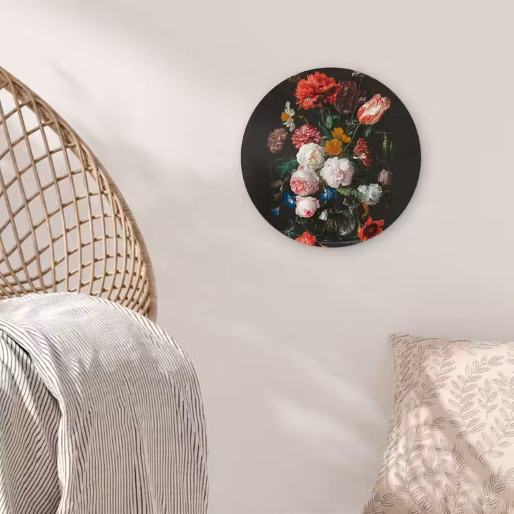 Stilleven met bloemen in een glazen vaas - Schilderij van Jan Davidsz. de Heem Wandcirkel kunststof plaat 5mm dik klein -sfeer5