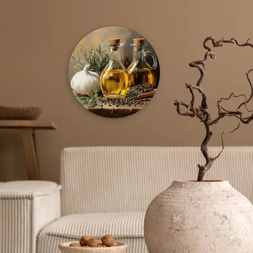 Stilleven - Olijfolie - Knoflook - Kruiden Wandcirkel kunststof plaat 5mm dik klein -sfeer1
