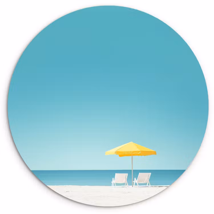 Strand - Blauwe lucht - Geel - Parasol Wandcirkel kunststof plaat 5mm dik klein -3d