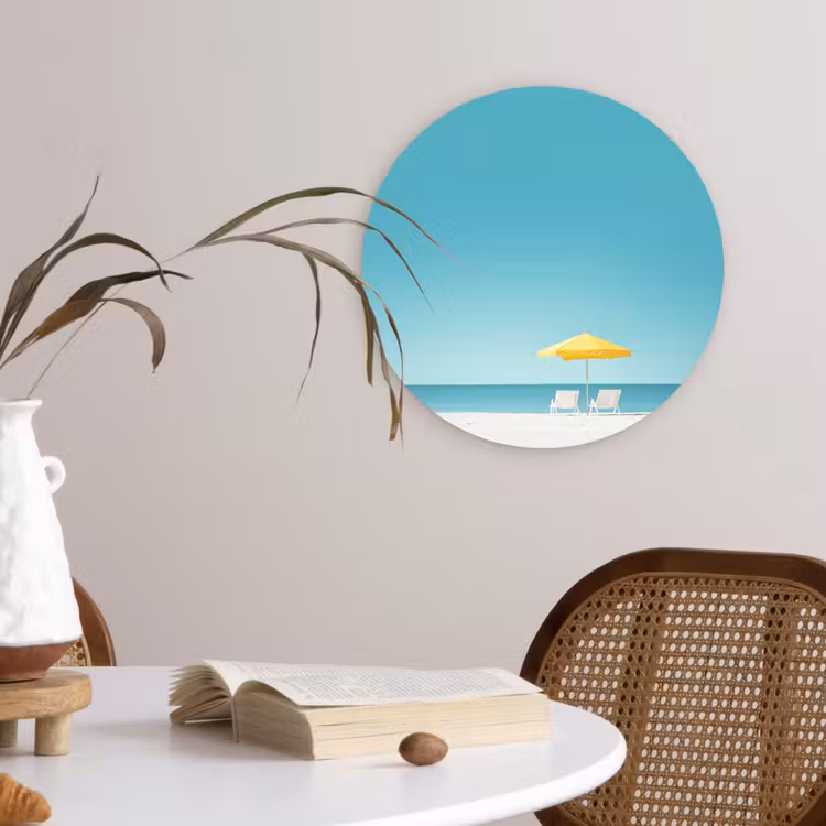 Strand - Blauwe lucht - Geel - Parasol Wandcirkel kunststof plaat 5mm dik klein -sfeer4