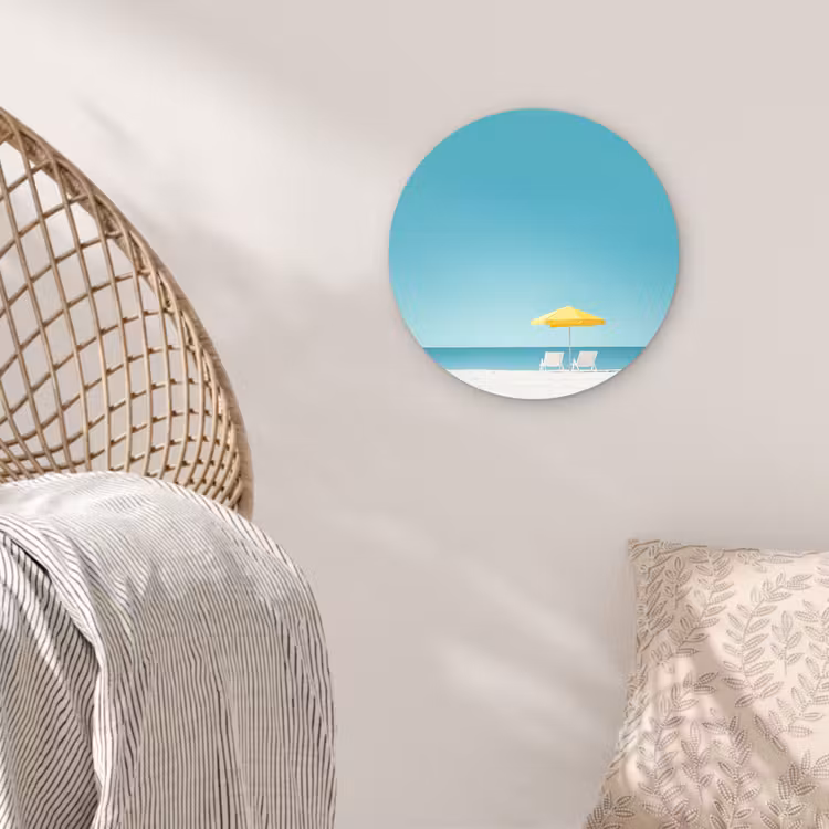 Strand - Blauwe lucht - Geel - Parasol Wandcirkel kunststof plaat 5mm dik klein -sfeer5