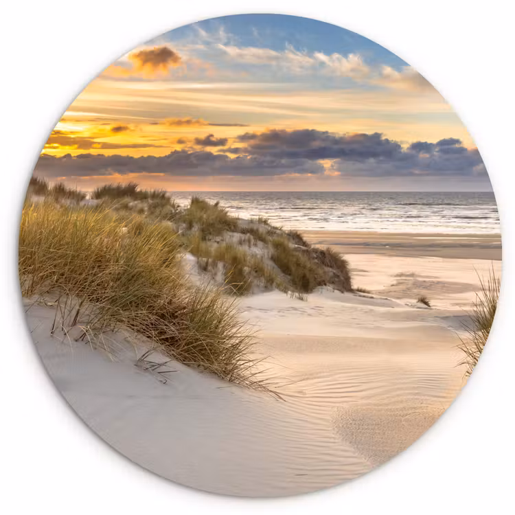 Strand - Duin - Gras - Zonsondergang - Zee Wandcirkel kunststof plaat 5mm dik klein -3d