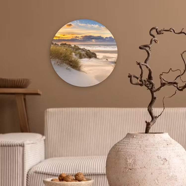 Strand - Duin - Gras - Zonsondergang - Zee Wandcirkel kunststof plaat 5mm dik klein -sfeer1