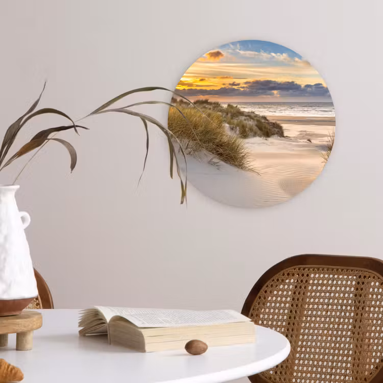 Strand - Duin - Gras - Zonsondergang - Zee Wandcirkel kunststof plaat 5mm dik klein -sfeer4