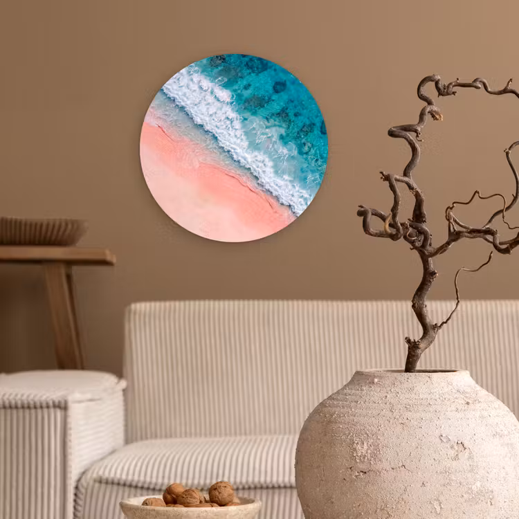 Strand - Oceaan - Golven - Roze Zand - Natuur Wandcirkel kunststof plaat 5mm dik klein -sfeer1