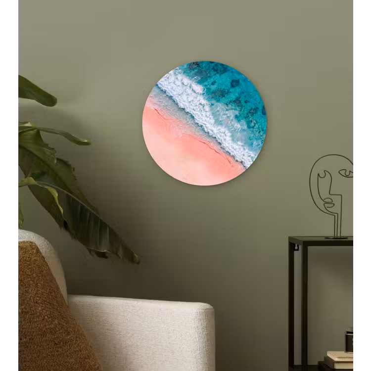 Strand - Oceaan - Golven - Roze Zand - Natuur Wandcirkel kunststof plaat 5mm dik klein -sfeer3