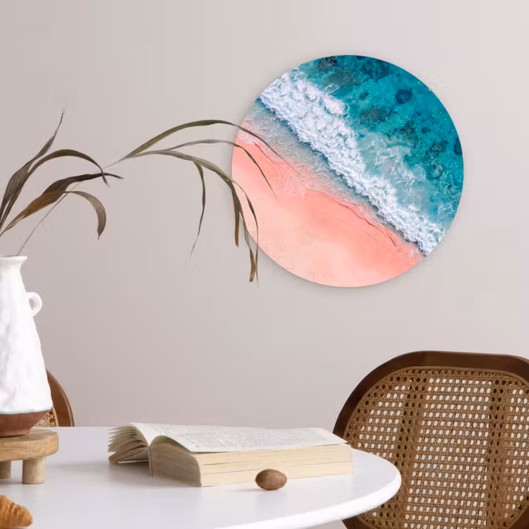 Strand - Oceaan - Golven - Roze Zand - Natuur Wandcirkel kunststof plaat 5mm dik klein -sfeer4