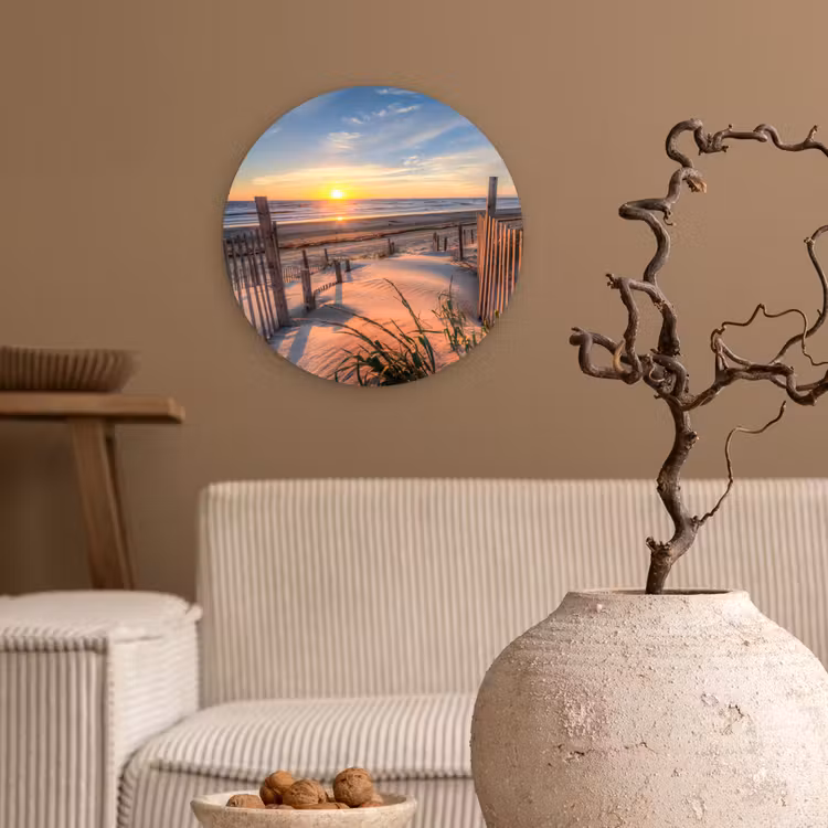 Strand - Zee - Duin - Zonsondergang - Landschap Wandcirkel kunststof plaat 5mm dik klein -sfeer1