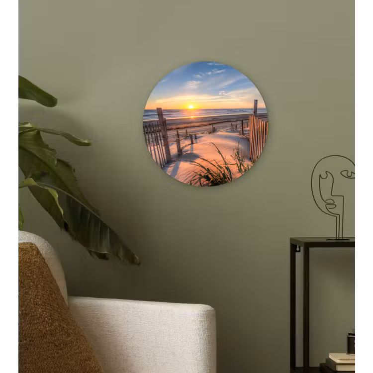 Strand - Zee - Duin - Zonsondergang - Landschap Wandcirkel kunststof plaat 5mm dik klein -sfeer3
