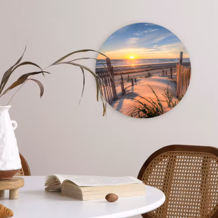 Strand - Zee - Duin - Zonsondergang - Landschap Wandcirkel kunststof plaat 5mm dik klein -sfeer4