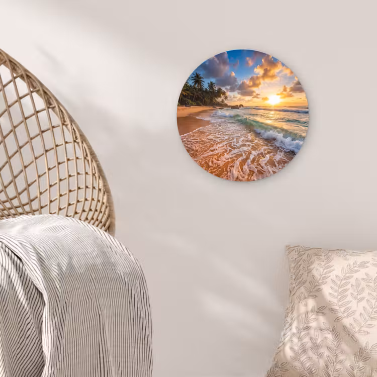 Strand - Zonsondergang - Golven - Natuur - Goud Wandcirkel kunststof plaat 5mm dik klein -sfeer5
